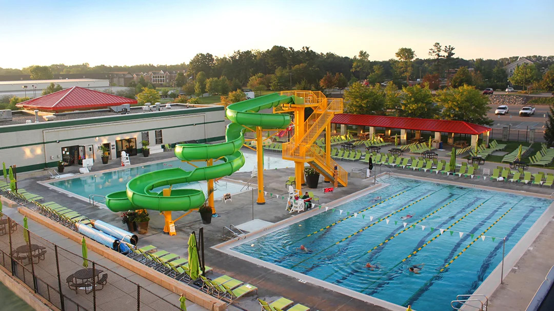 Aerial view of The MAC aquatic center with pools and water slide